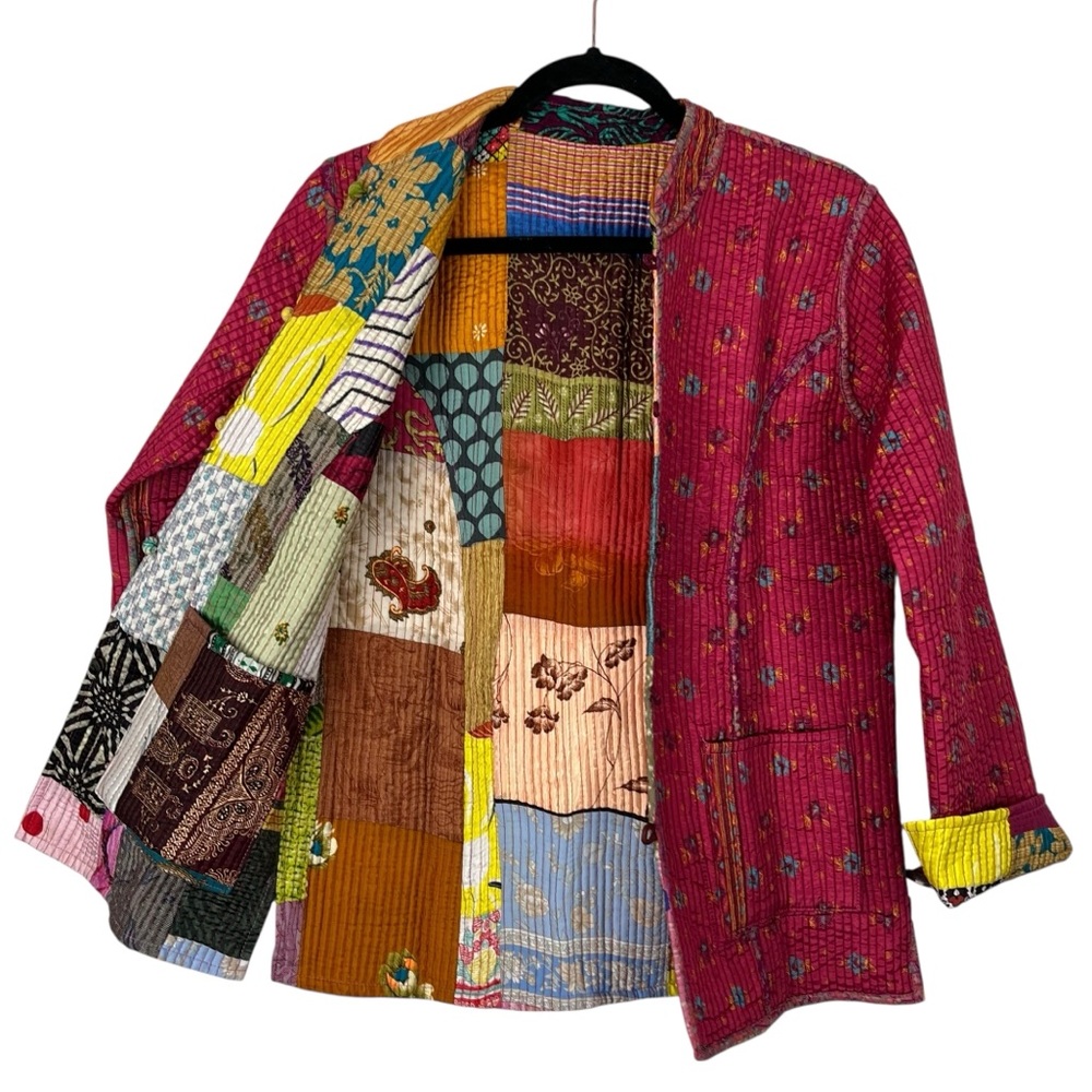 Like New Boho Indian Kantha Quilted Patchwork Silky Reversible Jacket - Picture 10 of 11